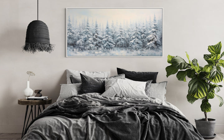 Pine Trees In Winter Snow Covered Forest Framed Canvas Wall Art