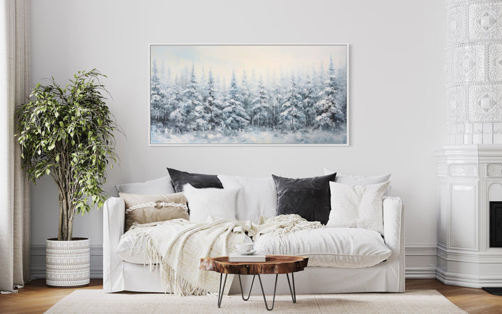 Pine Trees In Winter Snow Covered Forest Framed Canvas Wall Art