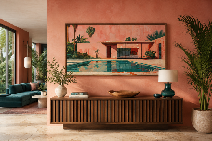 Ping Green Mid Century Modern Wall Art featuring a retro house and pool scene on a pink wall.