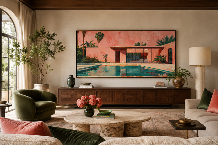 Ping Green Mid Century Modern Wall Art featuring a pink retro house and pool on canvas.