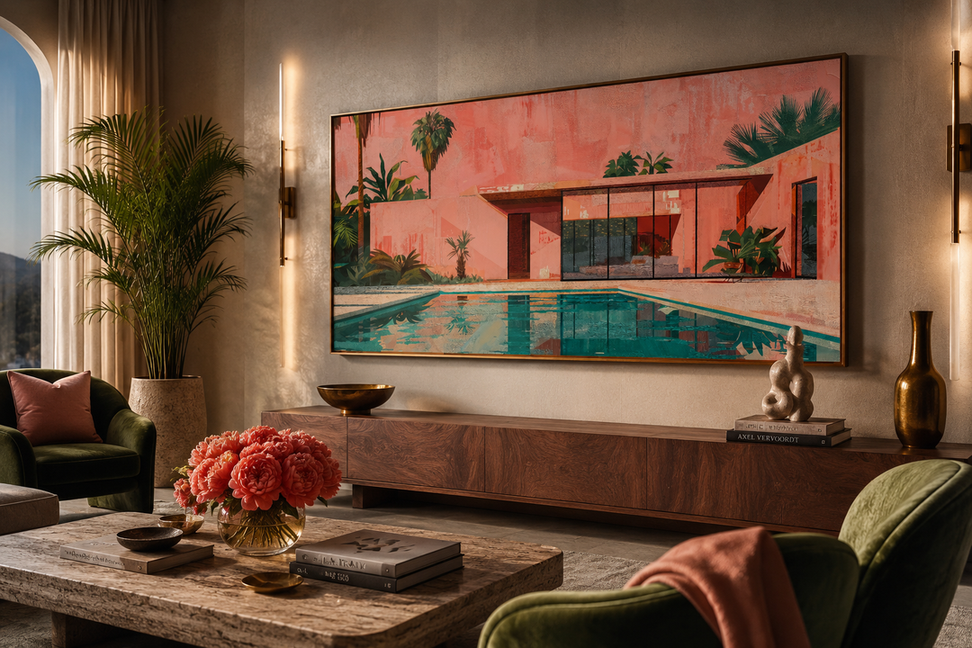 Ping Green Mid Century Modern Wall Art: Retro pink house and pool print on canvas in a living room.