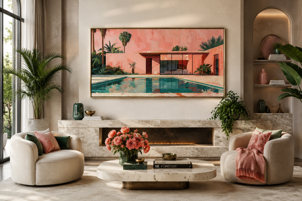 Ping Green Mid Century Modern Wall Art featuring a retro pink house and pool on framed canvas.