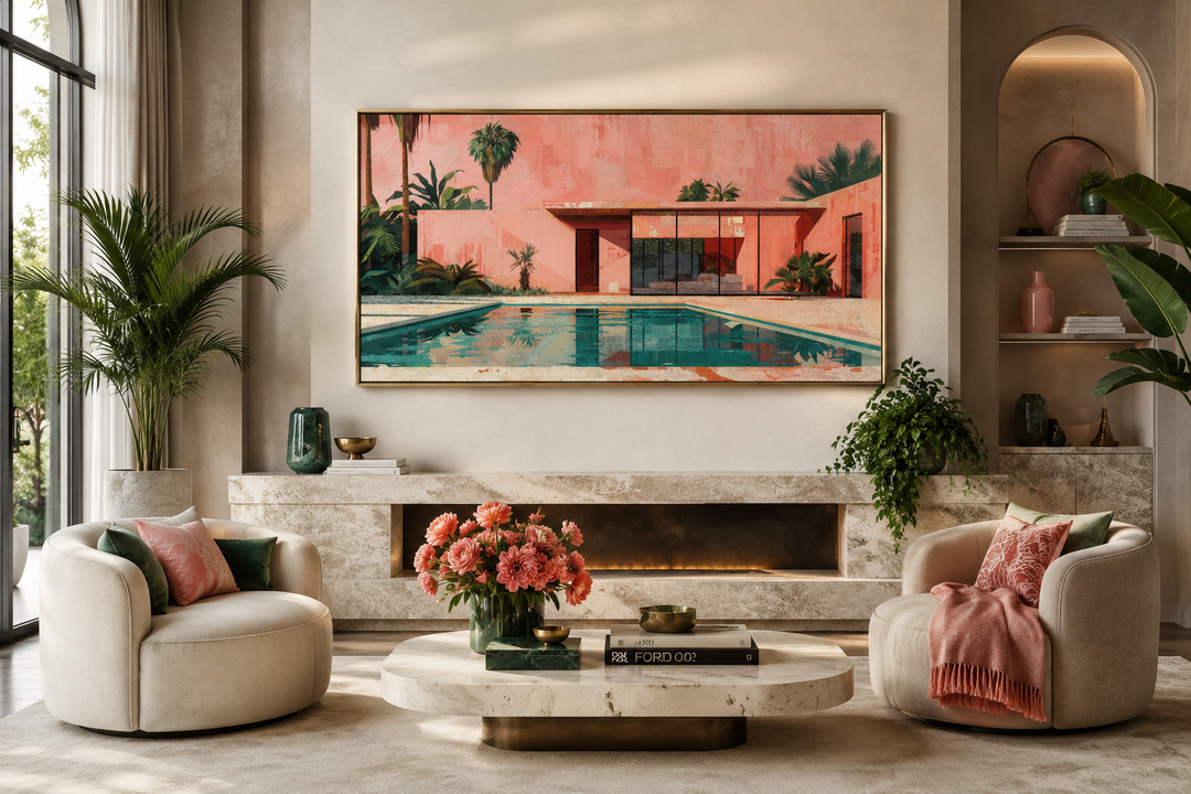 Ping Green Mid Century Modern Wall Art featuring a retro pink house and pool on framed canvas.