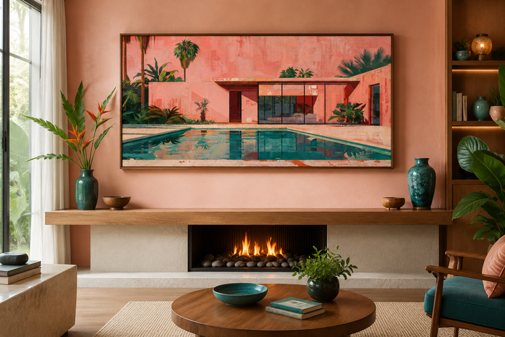 Ping Green Mid Century Modern Wall Art featuring a retro pink house and pool on framed canvas.