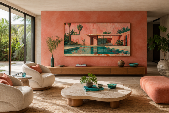 Ping Green Mid Century Modern Wall Art featuring a retro house and pool scene on a pink wall.
