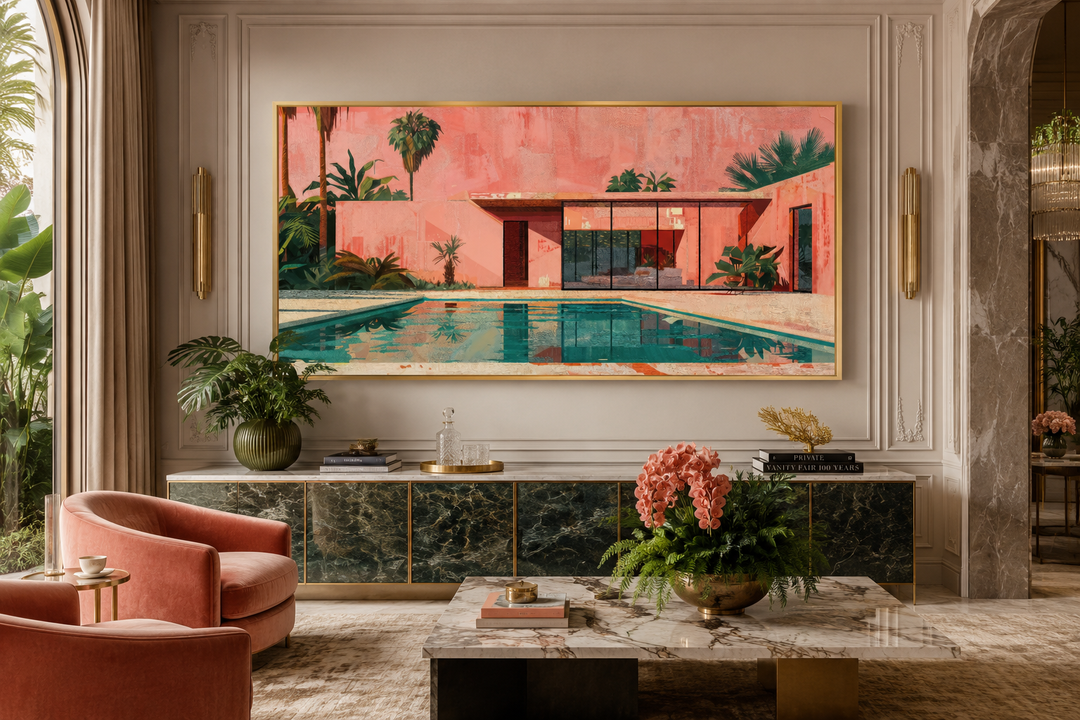 Horizontal canvas print of a pink mid-century modern house with a pool in a gold frame.