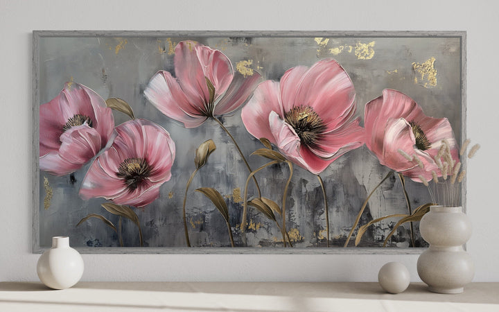 Pink Abstract Flowers Boho Wall Art – Modern Floral Canvas Print for Living Room Decor