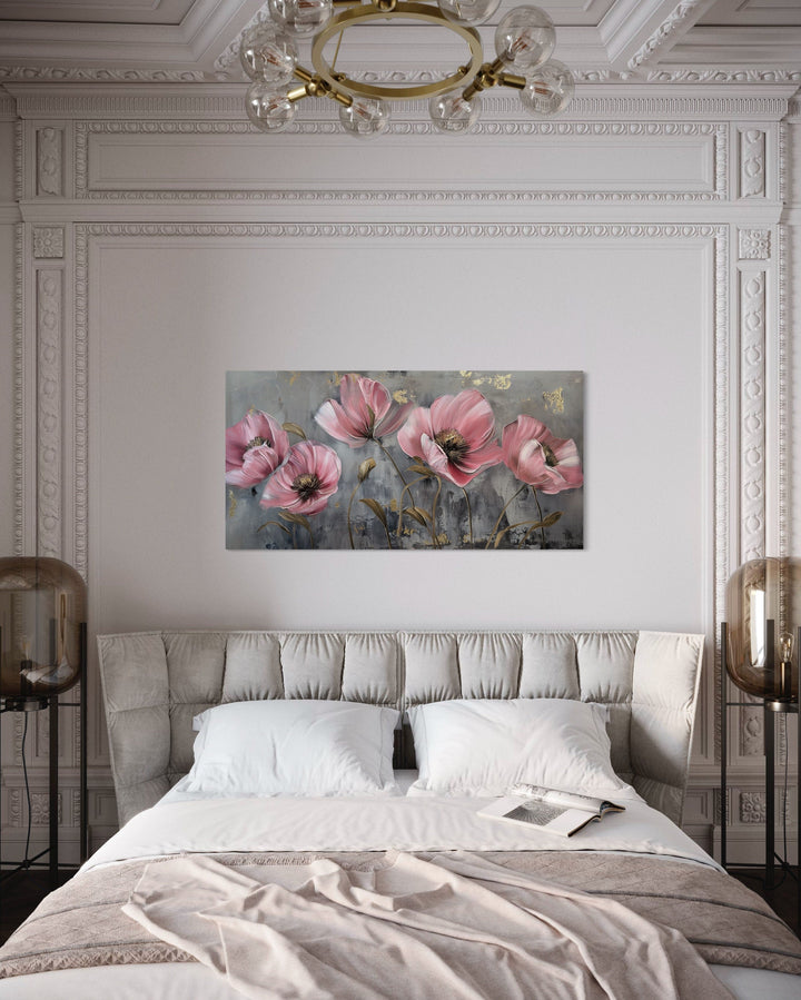 Pink Abstract Flowers on Grey Background Boho Modern Framed Canvas Wall Art