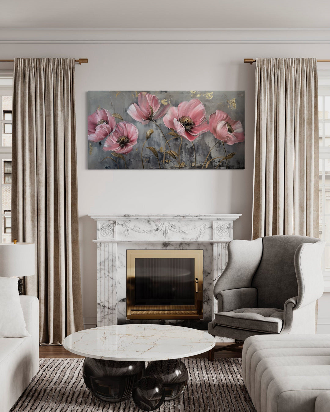 Pink Abstract Flowers on Grey Background Boho Modern Framed Canvas Wall Art