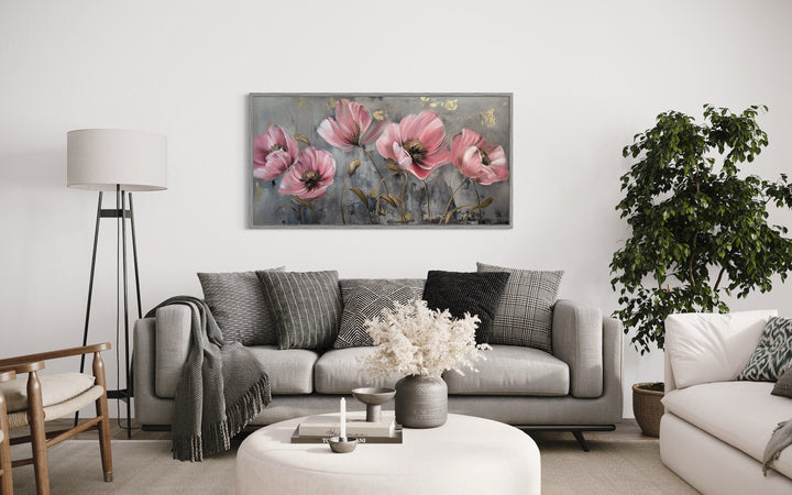 Pink Abstract Flowers on Grey Background Boho Modern Framed Canvas Wall Art