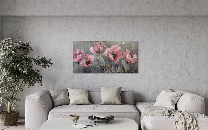 Pink Abstract Flowers on Grey Background Boho Modern Framed Canvas Wall Art