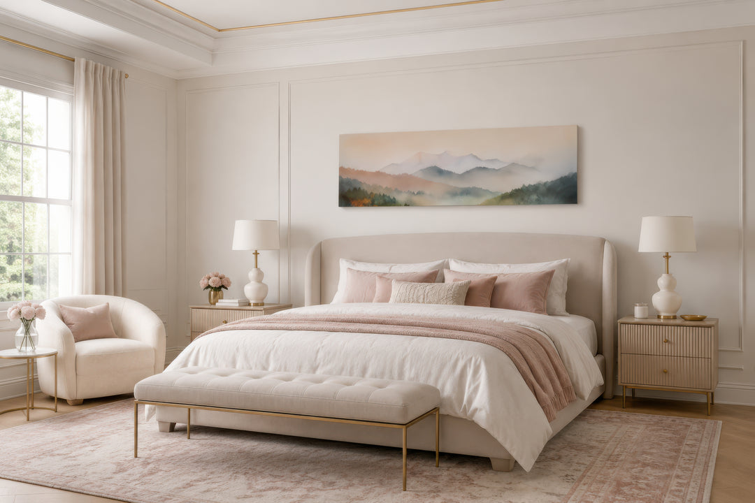 Pink and green pastel mountain landscape canvas art displayed above a bed in a neutral bedroom.