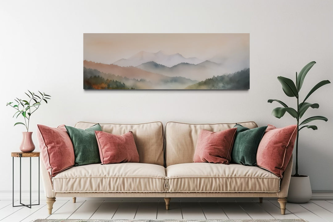 Pink And Green Pastel Mountain Landscape Above Bed Wall Art