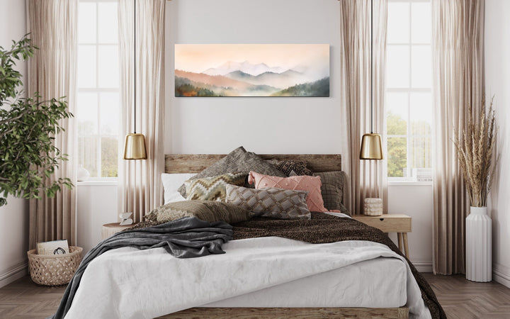 Pink And Green Pastel Mountain Landscape Above Bed Wall Art