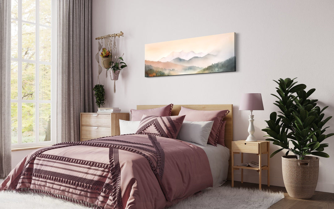 Pink And Green Pastel Mountain Landscape Above Bed Wall Art