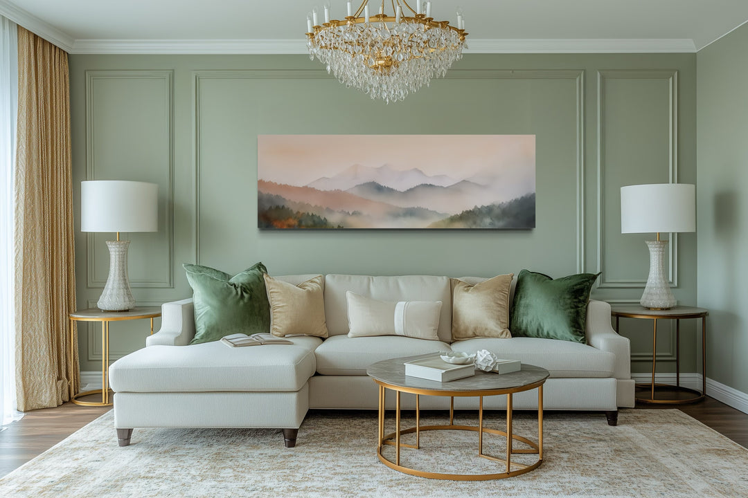 Pink And Green Pastel Mountain Landscape Above Bed Wall Art