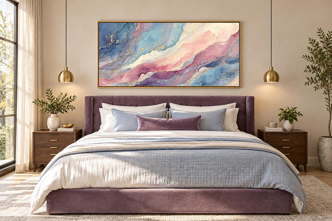 Pink and blue abstract marble framed canvas wall art hanging above a purple velvet bed.