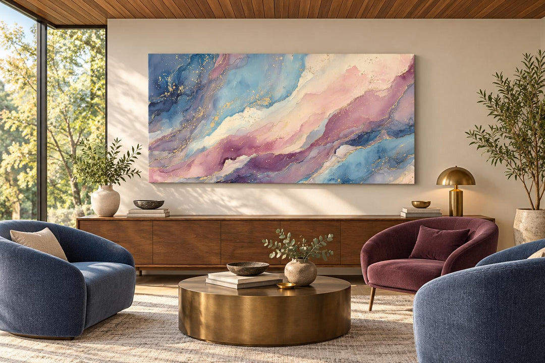 Pink and blue abstract marble framed canvas wall art above a wooden console in a modern living room.
