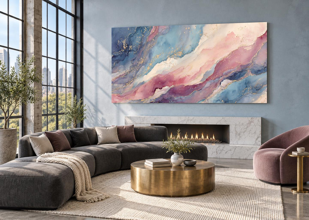 Pink and blue abstract marble canvas wall art above a fireplace in a modern living room.