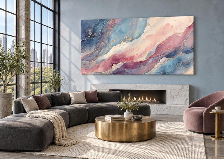 Pink and blue abstract marble canvas wall art above a fireplace in a modern living room.