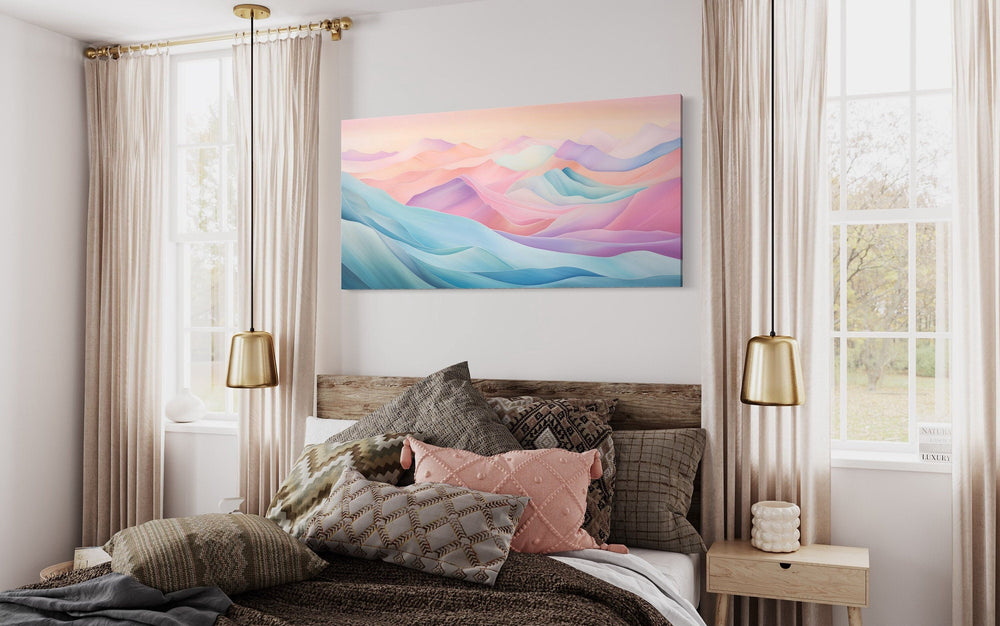 Pink Blue Pastel Abstract Marble Mountain Landscape Framed Canvas Wall Art above bed