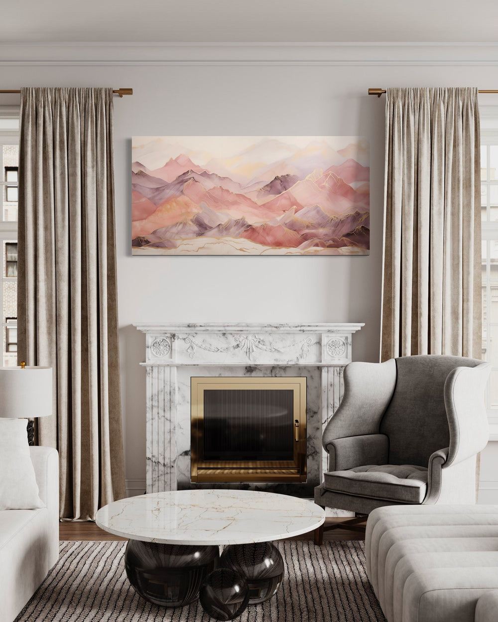 Pink Brown Abstract Marble Mountain Landscape Framed Canvas Wall Art above fireplace