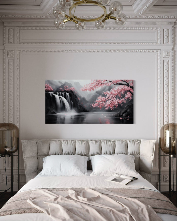 Pink Cherry Blossom And Grey Waterfall Framed Canvas Wall Art