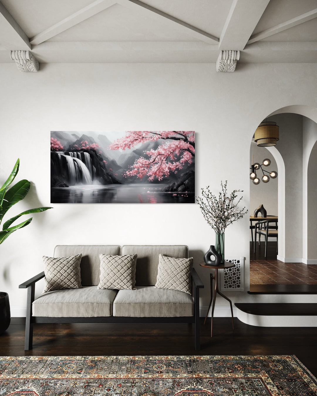 Pink Cherry Blossom And Grey Waterfall Framed Canvas Wall Art