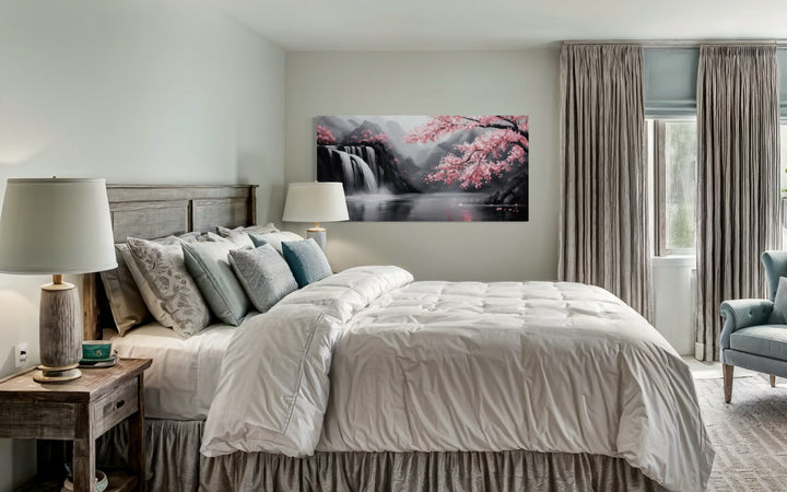 Pink Cherry Blossom And Grey Waterfall Framed Canvas Wall Art