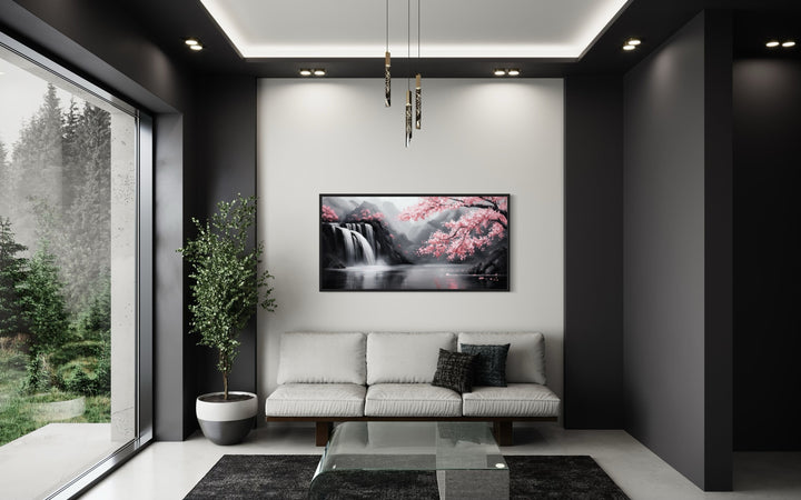 Pink Cherry Blossom And Grey Waterfall Framed Canvas Wall Art