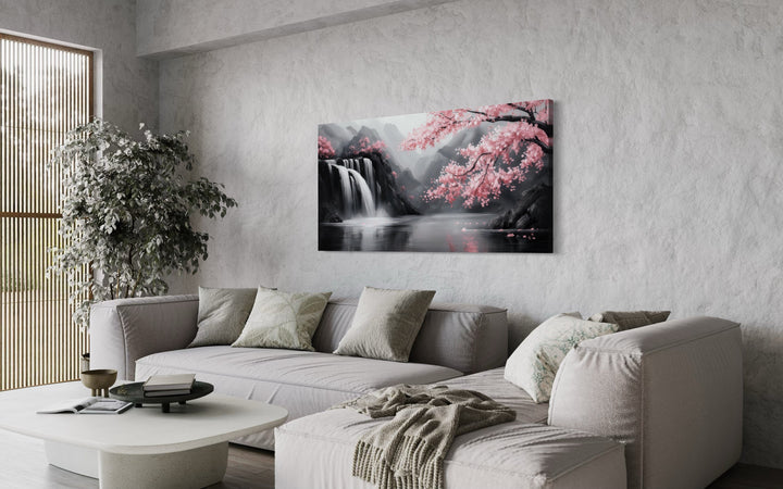 Pink Cherry Blossom And Grey Waterfall Framed Canvas Wall Art