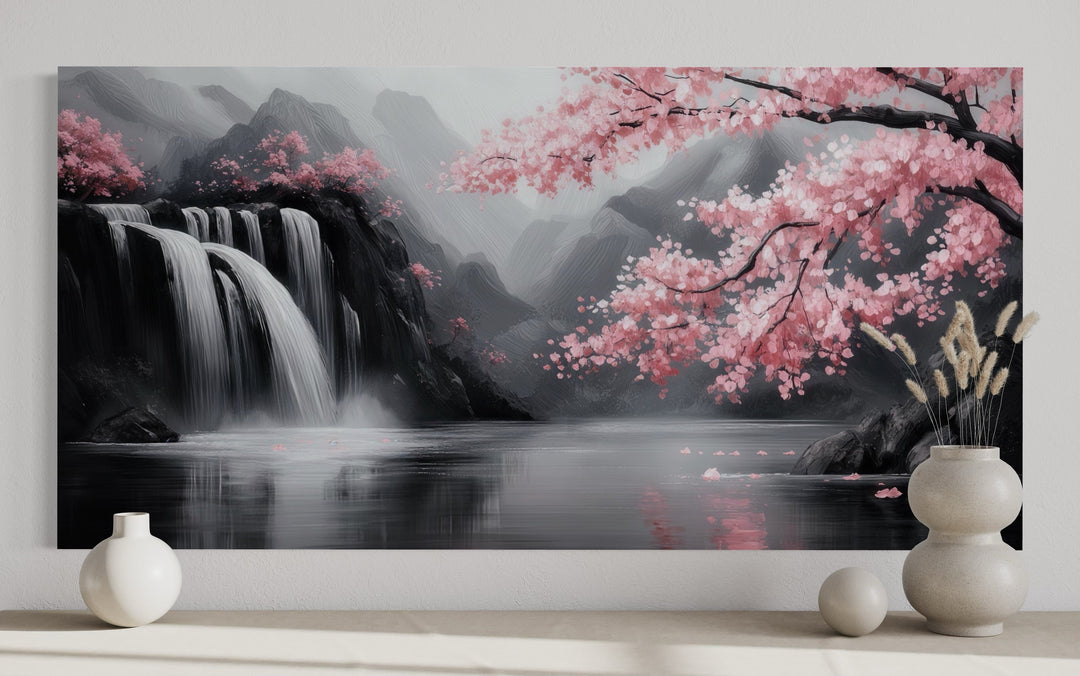 Pink Cherry Blossom And Grey Waterfall Framed Canvas Wall Art