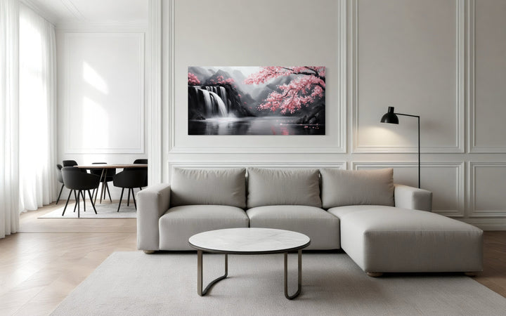 Pink Cherry Blossom And Grey Waterfall Framed Canvas Wall Art