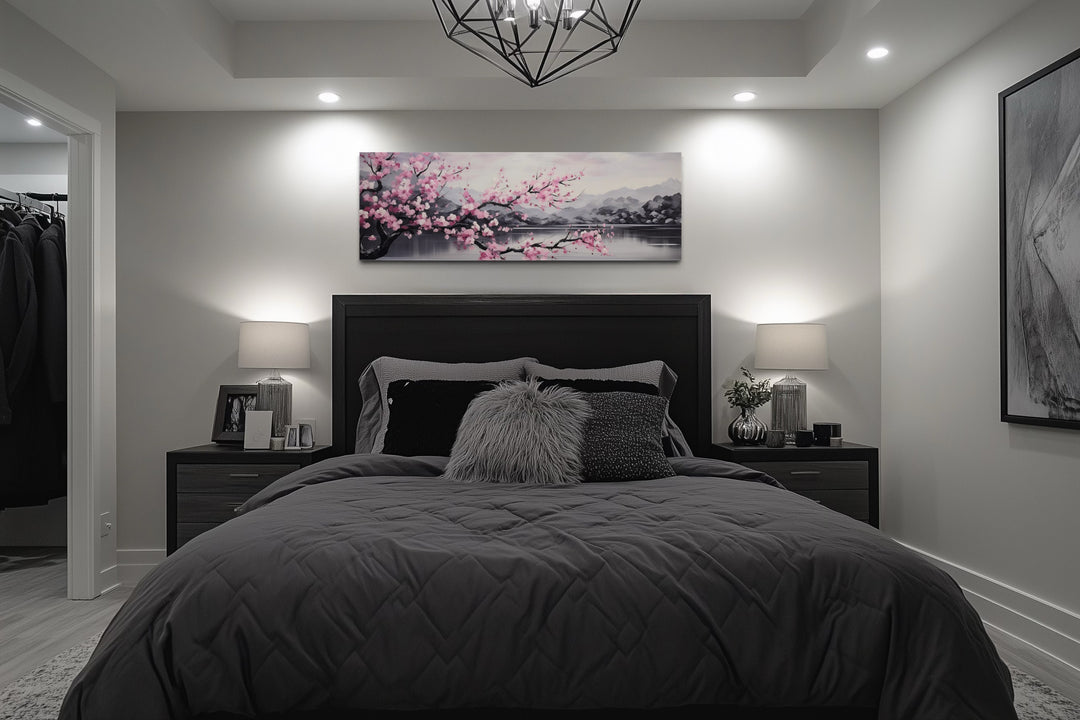 Pink Cherry Blossom On Japanese Landscape Long Horizontal Wall Art