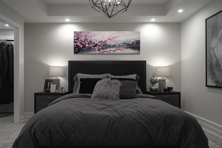Pink Cherry Blossom On Japanese Landscape Long Horizontal Wall Art
