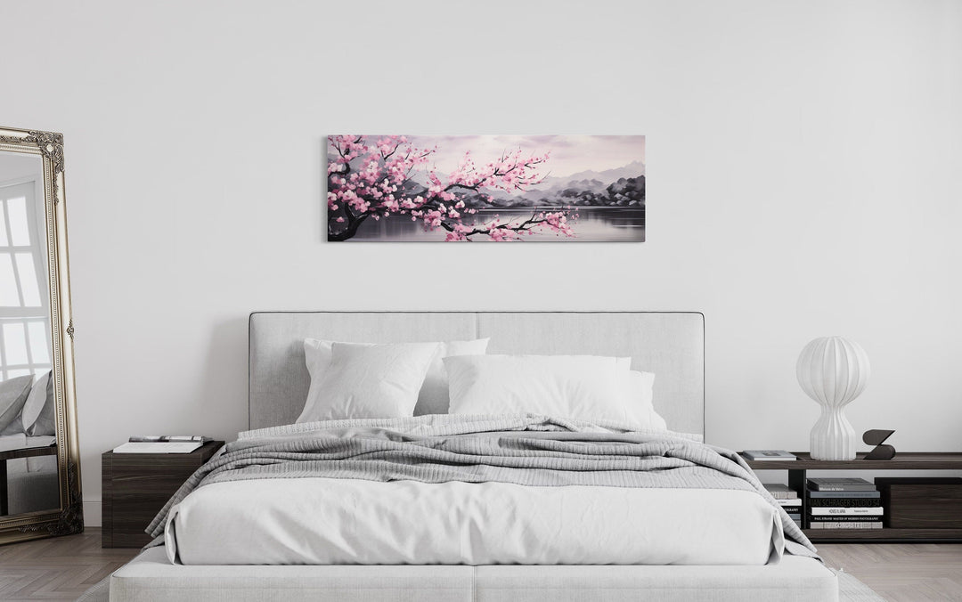 Pink Cherry Blossom On Japanese Landscape Long Horizontal Wall Art