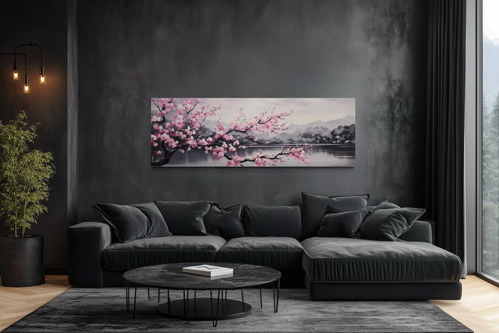 Pink Cherry Blossom On Japanese Landscape Long Horizontal Wall Art