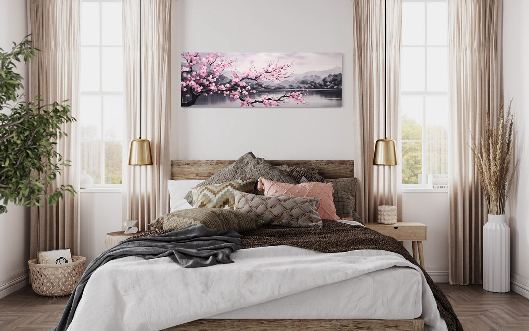 Pink Cherry Blossom On Japanese Landscape Long Horizontal Wall Art