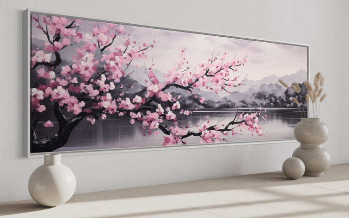 Pink Cherry Blossom On Japanese Landscape Long Horizontal Wall Art