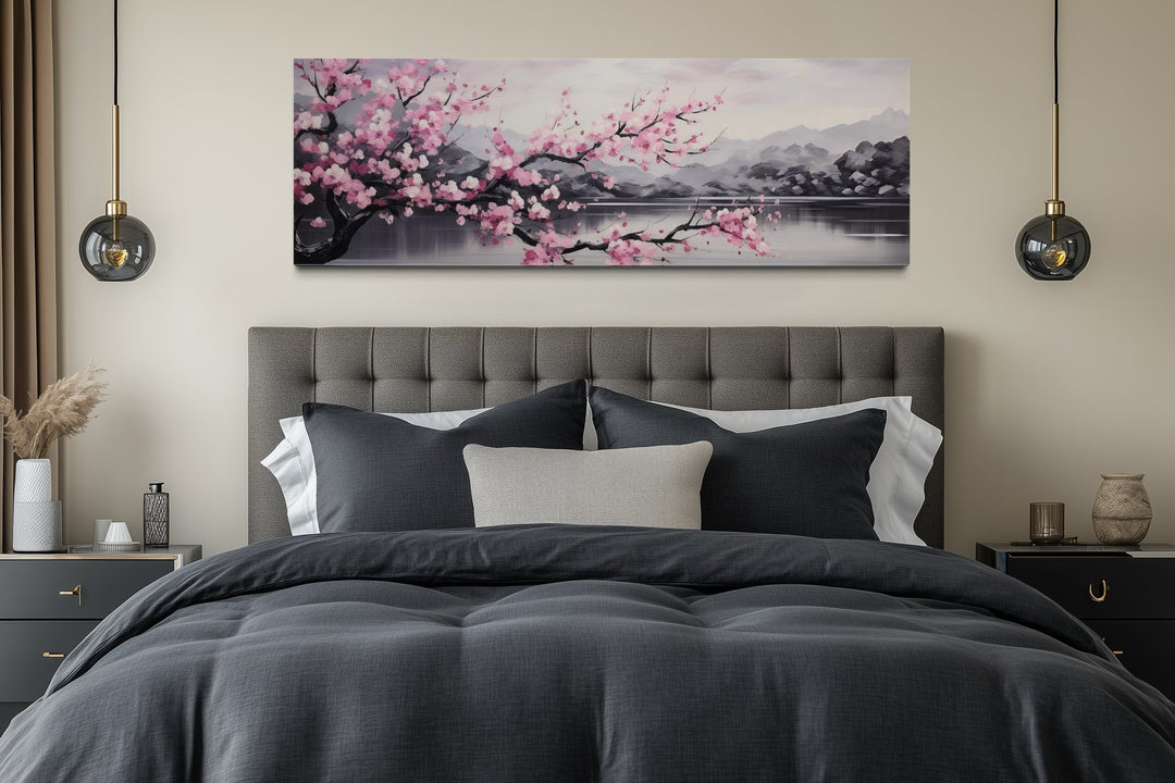 Pink Cherry Blossom On Japanese Landscape Long Horizontal Wall Art