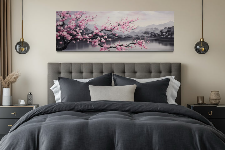 Pink Cherry Blossom On Japanese Landscape Long Horizontal Wall Art