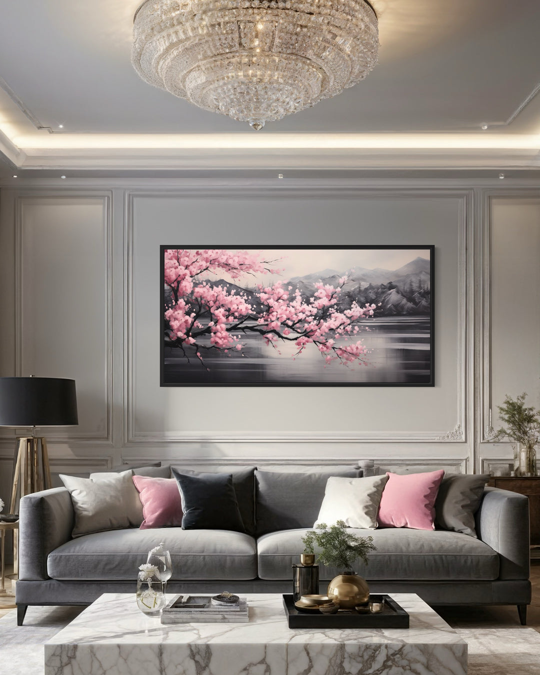 Pink Cherry Blossom on Black Abstract Framed Canvas Wall Art