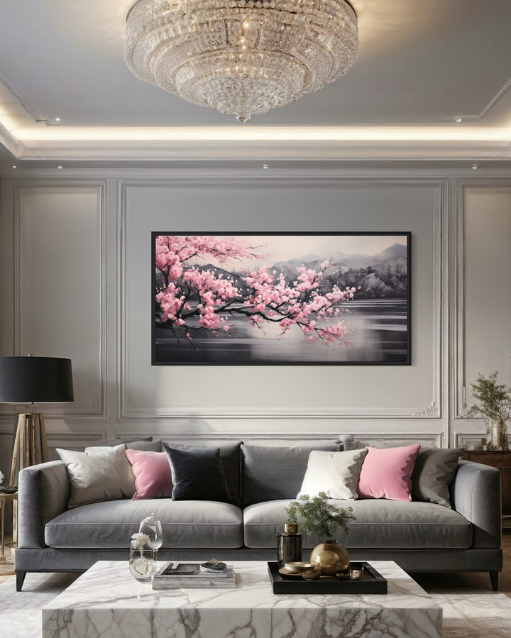 Pink Cherry Blossom on Black Abstract Framed Canvas Wall Art