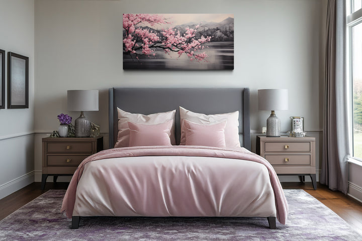 Pink Cherry Blossom on Black Abstract Framed Canvas Wall Art