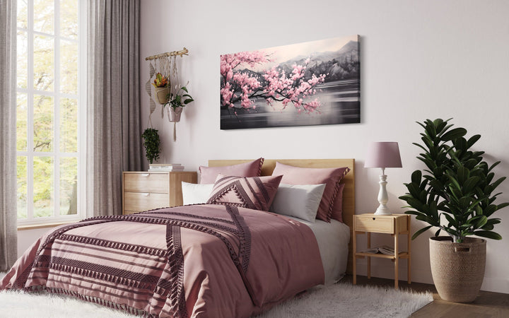 Pink Cherry Blossom on Black Abstract Framed Canvas Wall Art