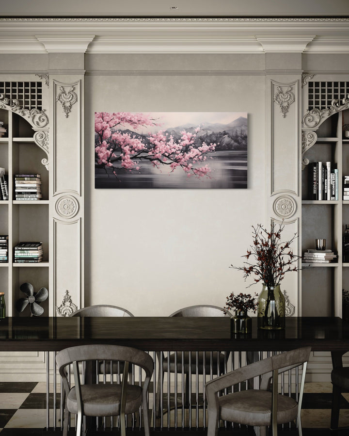 Pink Cherry Blossom on Black Abstract Framed Canvas Wall Art