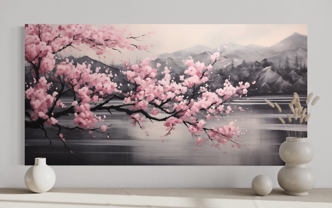 Pink Cherry Blossom on Black Abstract Framed Canvas Wall Art