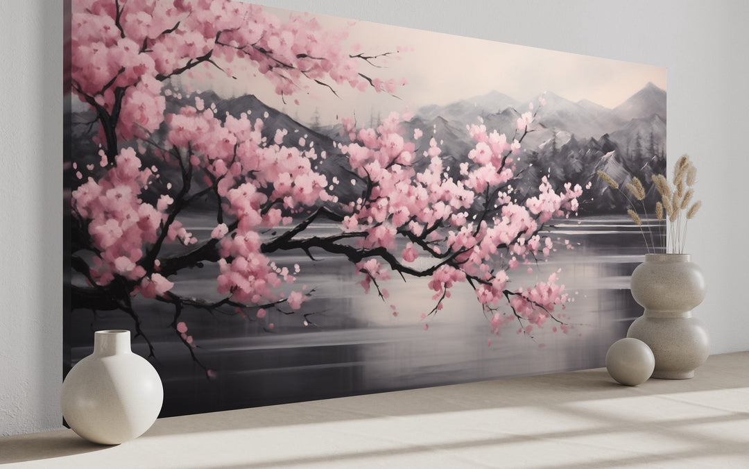 Pink Cherry Blossom on Black Abstract Framed Canvas Wall Art