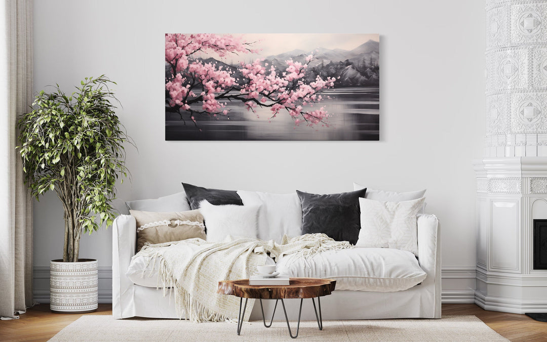 Pink Cherry Blossom on Black Abstract Framed Canvas Wall Art