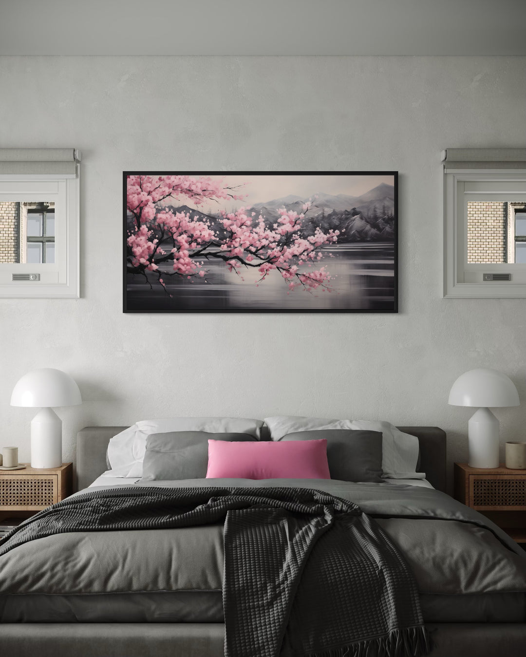 Pink Cherry Blossom on Black Abstract Framed Canvas Wall Art